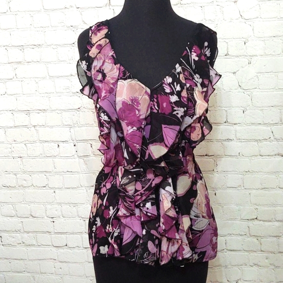 New York & Company Tops - Belted Floral Sleeveless Blouse
